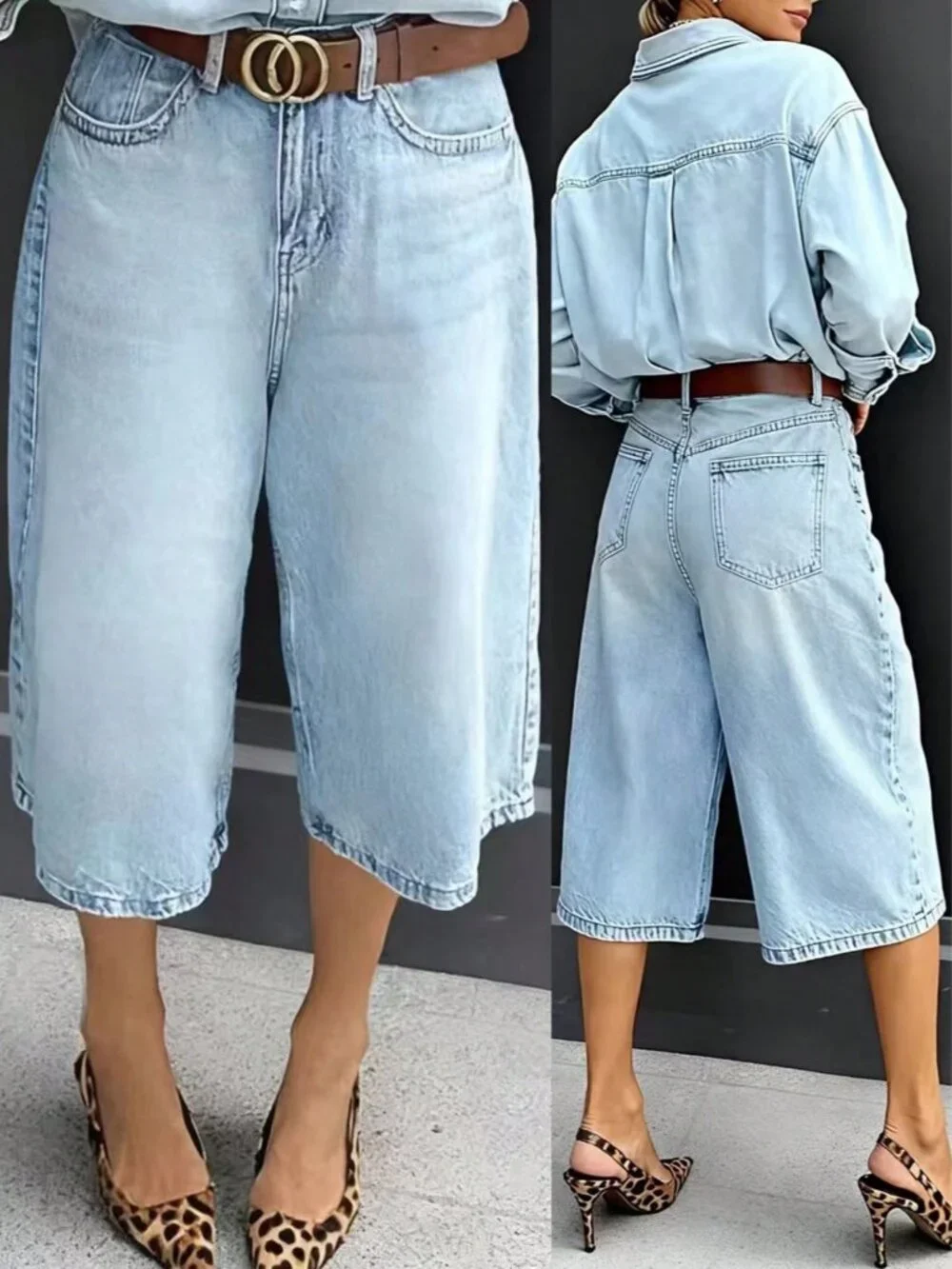 Light Blue Casual Women's Denim Bermuda Shorts with Buttons